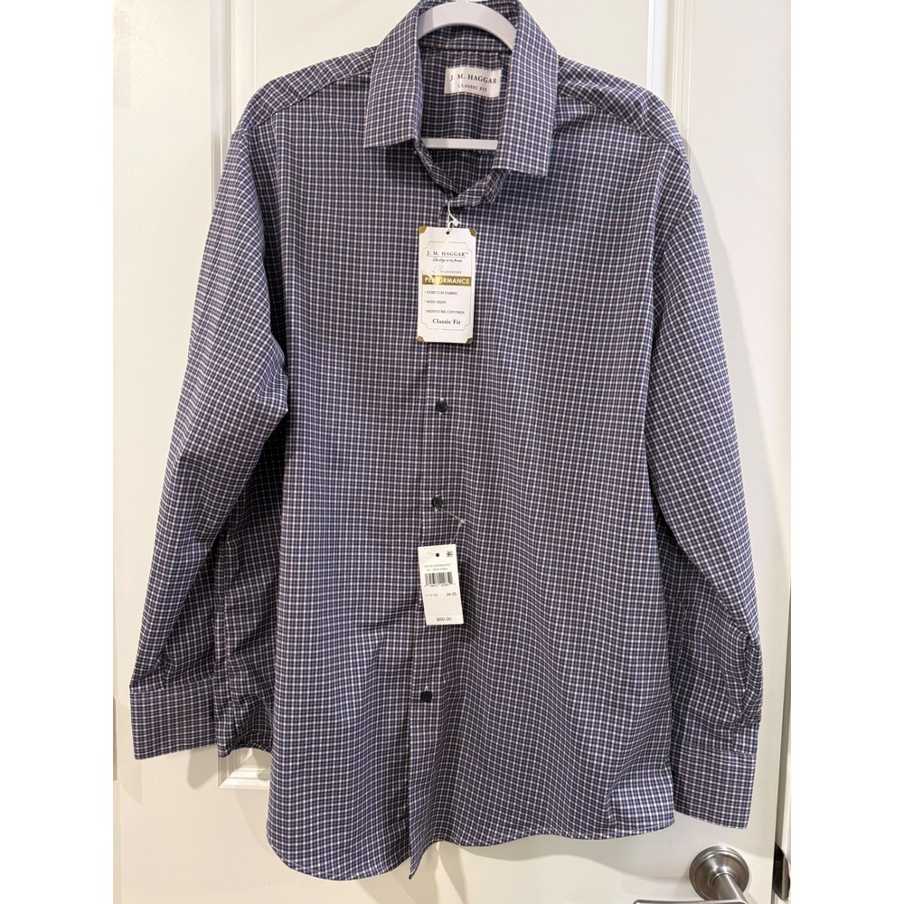 J.M.‎ Haggar Mens Premium Performance Dress Shirt 17-17.5 34-35 Blue White Check